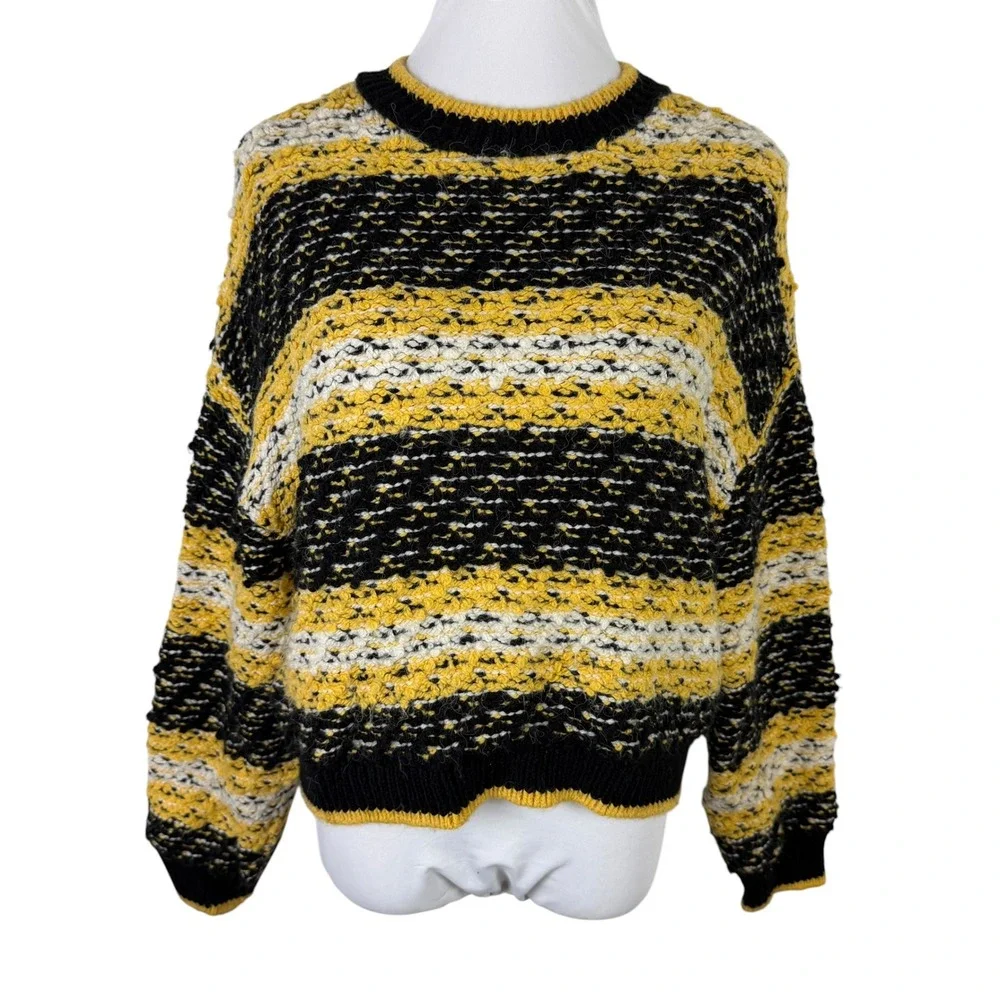 MNG Mango Women's Medium Striped Knit Sweater‎ Yellow Black White Crew Neck
